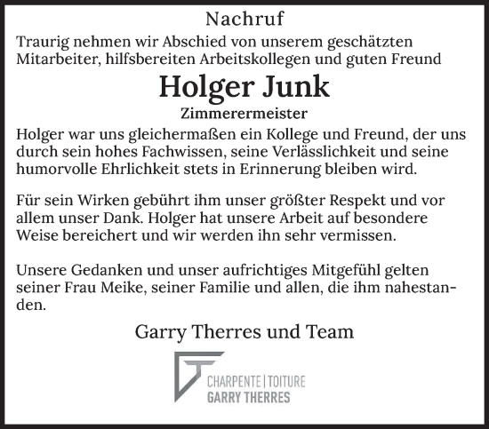 Todesanzeige von Holger Junk von trierischer_volksfreund