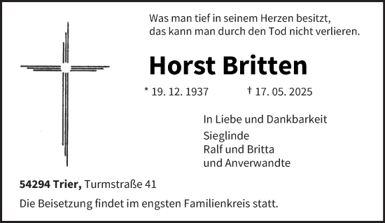 Todesanzeige von Horst Britten von trierischer_volksfreund