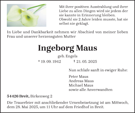 Todesanzeige von Ingeborg Maus von trierischer_volksfreund