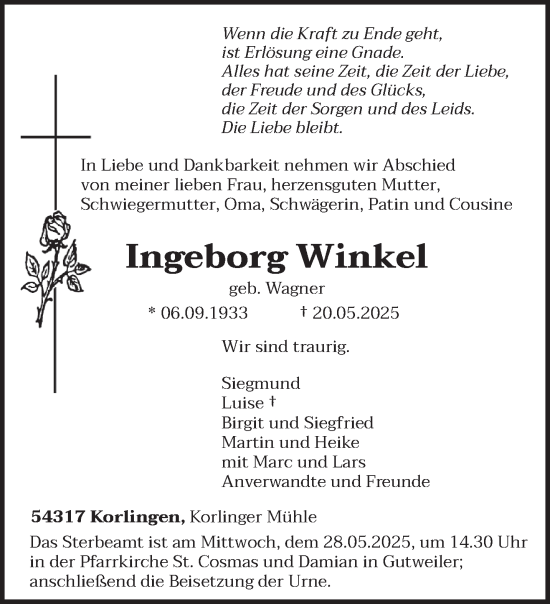 Todesanzeige von Ingeborg Winkel von trierischer_volksfreund