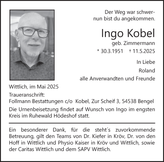 Todesanzeige von Ingo Kobel von trierischer_volksfreund