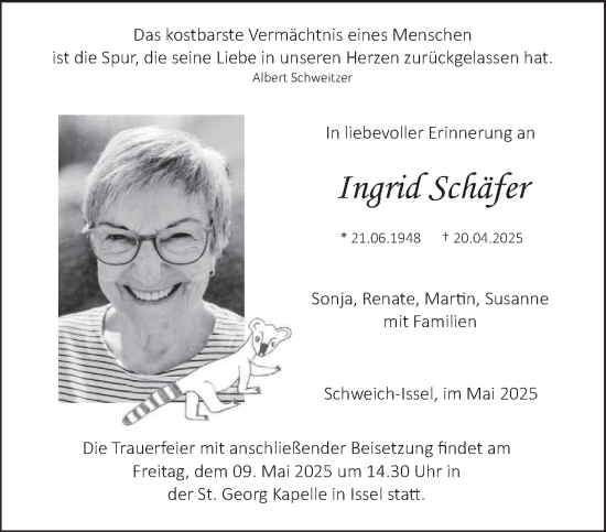 Todesanzeige von Ingrid Schäfer von trierischer_volksfreund