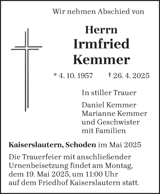 Todesanzeige von Irmfried Kemmer von trierischer_volksfreund