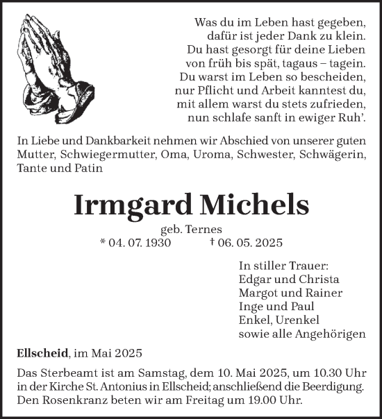 Todesanzeige von Irmgard Michels von trierischer_volksfreund
