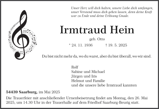 Todesanzeige von Irmtraud Hein von trierischer_volksfreund