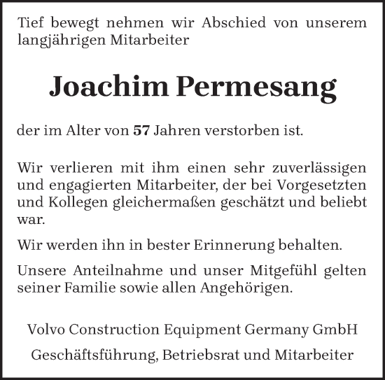 Todesanzeige von Joachim Permesang von trierischer_volksfreund
