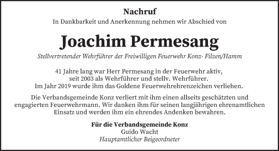 Todesanzeige von Joachim Permesang von trierischer_volksfreund