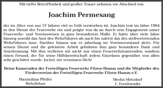 Todesanzeige von Joachim Permesang von trierischer_volksfreund