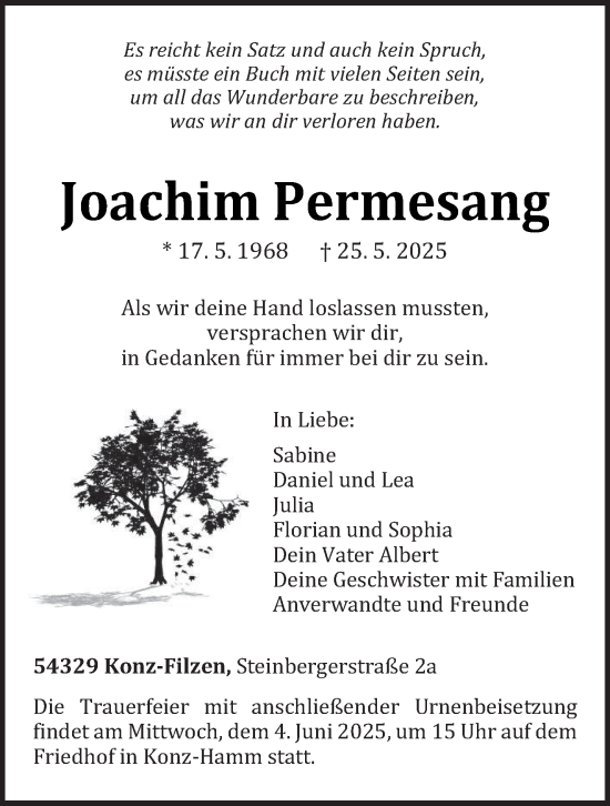 Todesanzeige von Joachim Permesang von trierischer_volksfreund