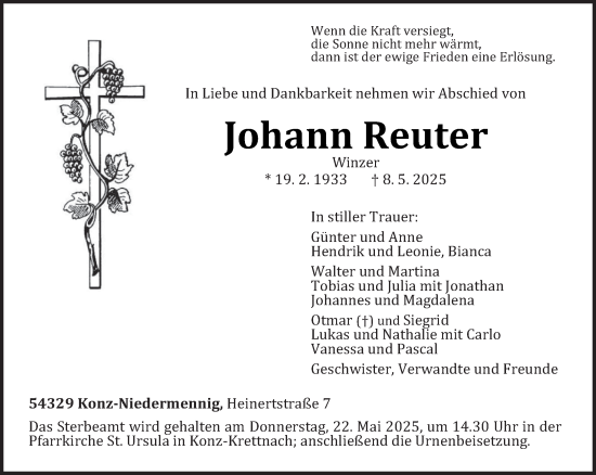 Todesanzeige von Johann Reuter von trierischer_volksfreund