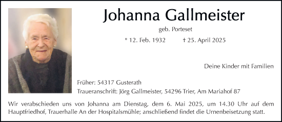 Todesanzeige von Johanna Gallmeister von trierischer_volksfreund