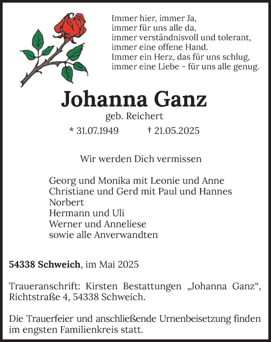 Todesanzeige von Johanna Ganz von trierischer_volksfreund