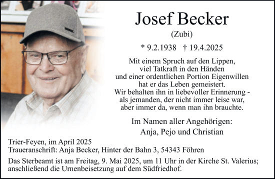 Todesanzeige von Josef Becker von trierischer_volksfreund