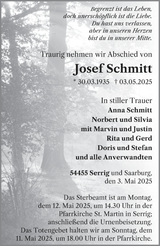 Todesanzeige von Josef Schmitt von trierischer_volksfreund