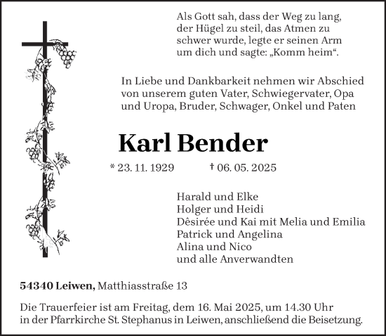 Todesanzeige von Karl Bender von trierischer_volksfreund