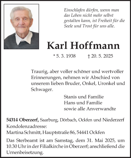 Todesanzeige von Karl Hoffmann von trierischer_volksfreund