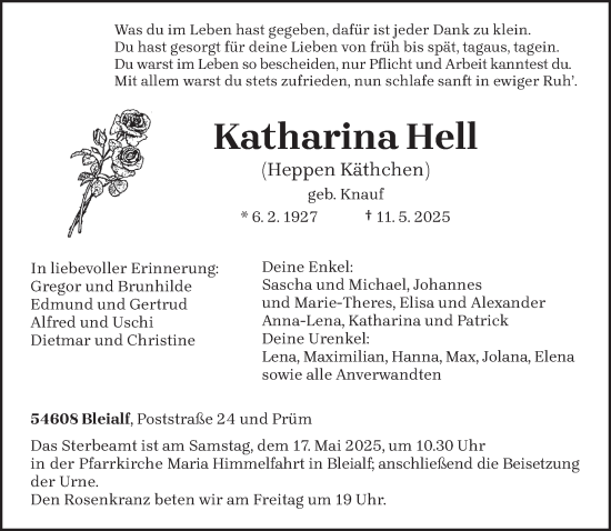 Todesanzeige von Katharina Hell von trierischer_volksfreund