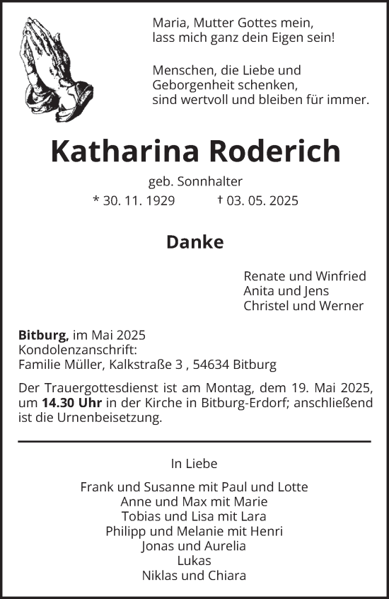 Todesanzeige von Katharina Roderich von trierischer_volksfreund