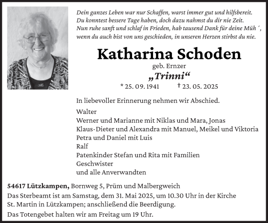 Todesanzeige von Katharina Schoden von trierischer_volksfreund