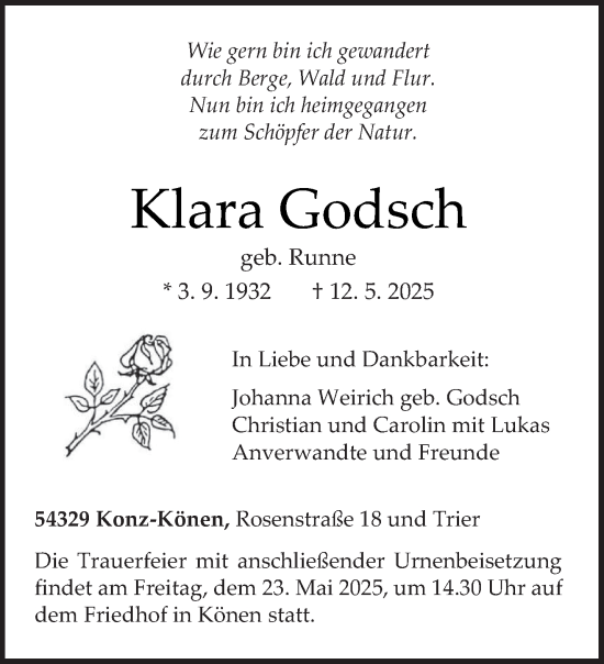 Todesanzeige von Klara Godsch von trierischer_volksfreund