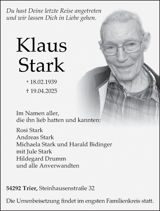 Todesanzeige von Klaus Stark von trierischer_volksfreund
