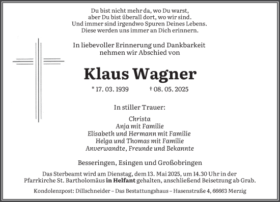Todesanzeige von Klaus Wagner von trierischer_volksfreund