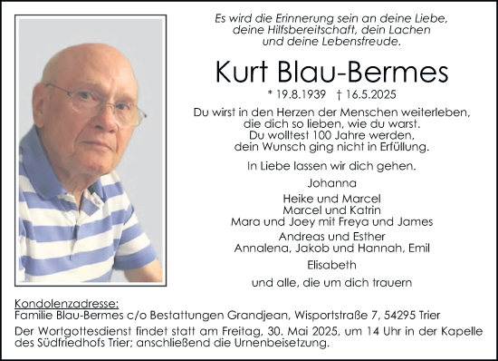 Todesanzeige von Kurt Blau-Bermes von trierischer_volksfreund