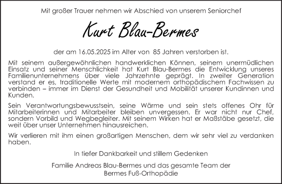 Todesanzeige von Kurt Blau-Bermes von trierischer_volksfreund