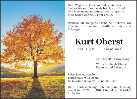 Todesanzeige von Kurt Oberst von trierischer_volksfreund