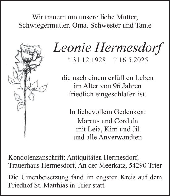 Todesanzeige von Leonie Hermesdorf von trierischer_volksfreund