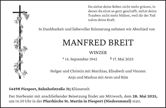 Todesanzeige von Manfred Breit von trierischer_volksfreund