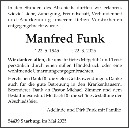 Todesanzeige von Manfred Funk von trierischer_volksfreund