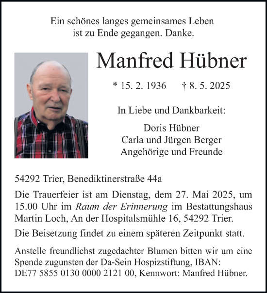 Todesanzeige von Manfred Hübner von trierischer_volksfreund