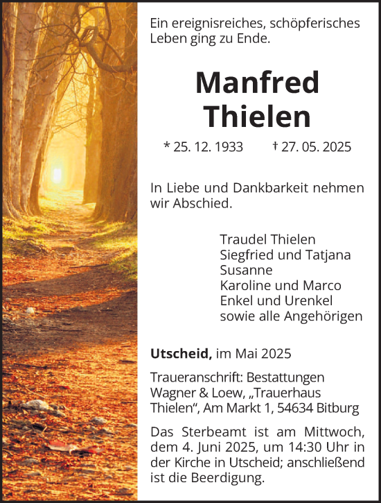 Todesanzeige von Manfred Thielen von trierischer_volksfreund