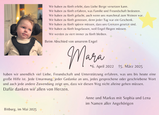 Todesanzeige von Mara Schmid von trierischer_volksfreund
