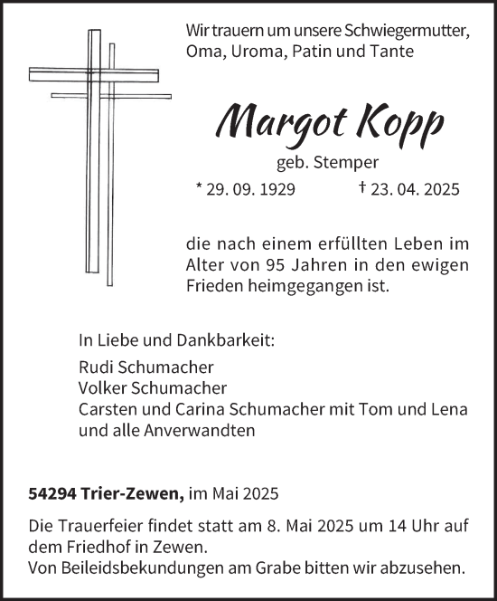 Todesanzeige von Margot Kopp von trierischer_volksfreund