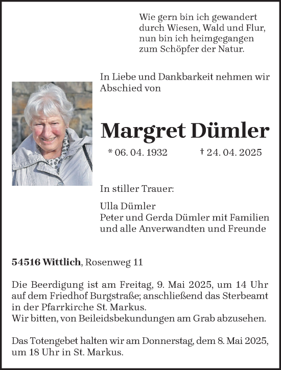 Todesanzeige von Margret Dümler von trierischer_volksfreund