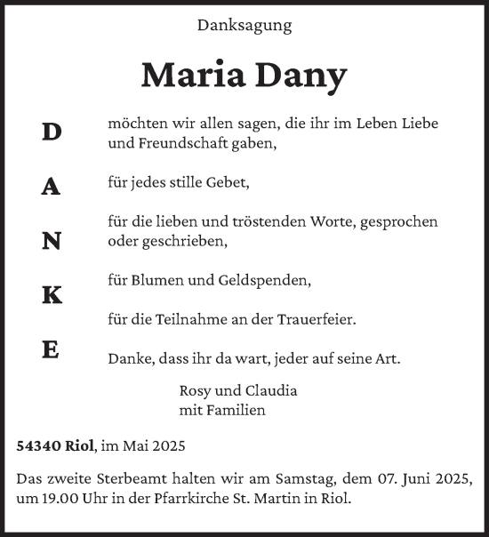 Todesanzeige von Maria Dany von trierischer_volksfreund