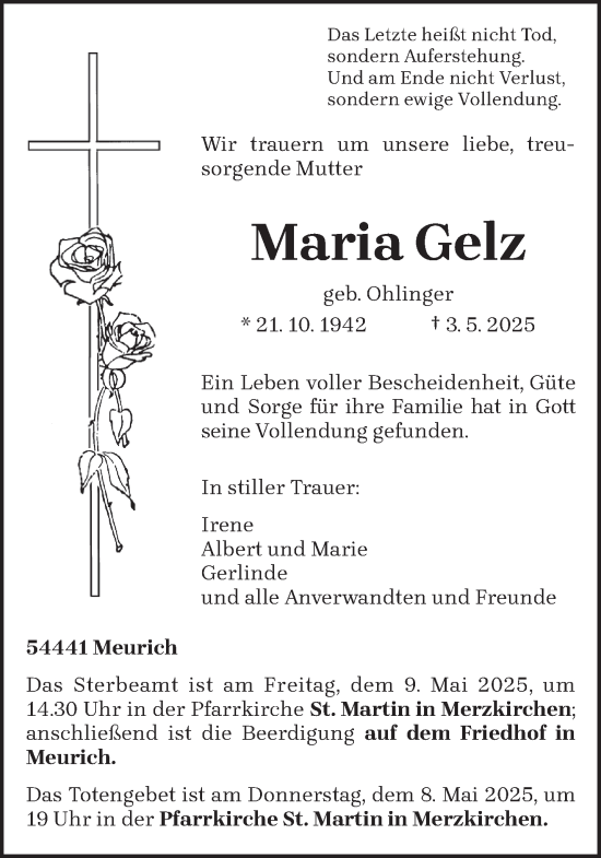 Todesanzeige von Maria Gelz von trierischer_volksfreund