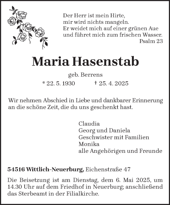 Todesanzeige von Maria Hasenstab von trierischer_volksfreund