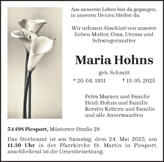 Todesanzeige von Maria Hohns von trierischer_volksfreund