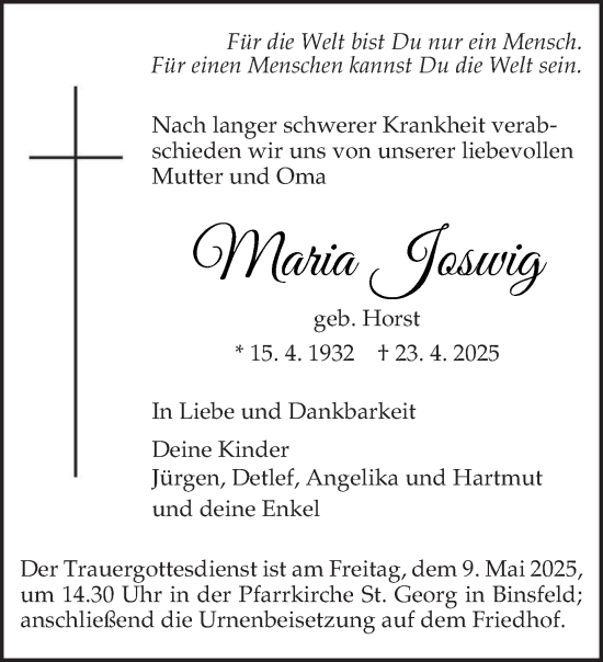 Todesanzeige von Maria Joswig von trierischer_volksfreund