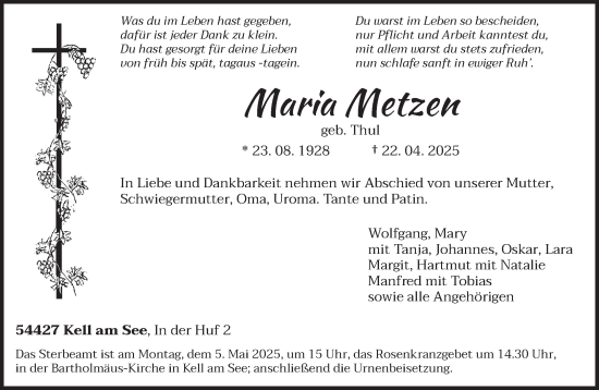 Todesanzeige von Maria Metzen von trierischer_volksfreund