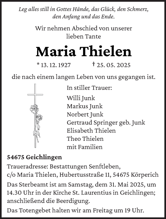 Todesanzeige von Maria Thielen von trierischer_volksfreund
