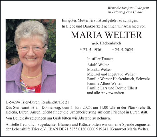 Todesanzeige von Maria Welter von trierischer_volksfreund