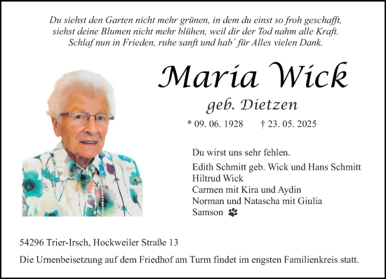 Todesanzeige von Maria Wick von trierischer_volksfreund