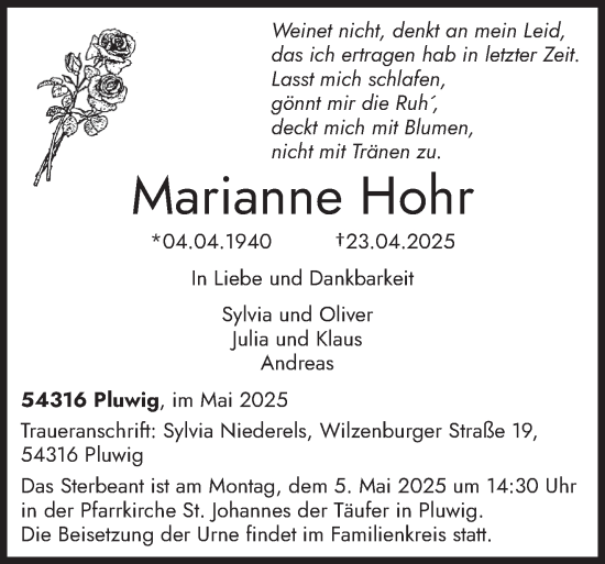 Todesanzeige von Marianne Hohr von trierischer_volksfreund