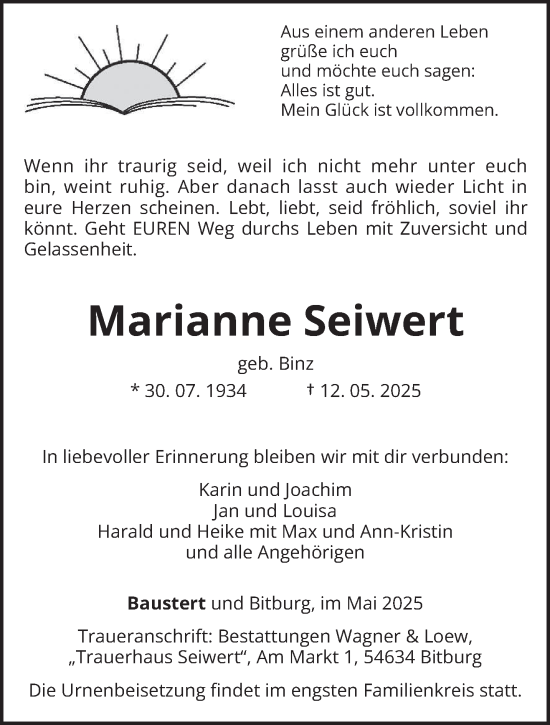 Todesanzeige von Marianne Seiwert von trierischer_volksfreund
