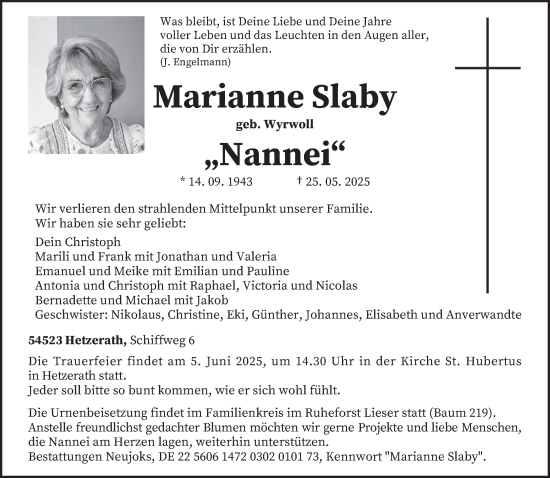 Todesanzeige von Marianne Slaby von trierischer_volksfreund