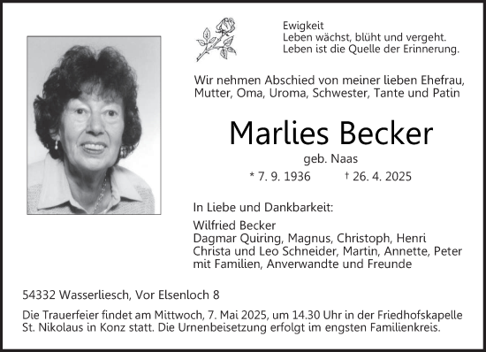Todesanzeige von Marlies Becker von trierischer_volksfreund